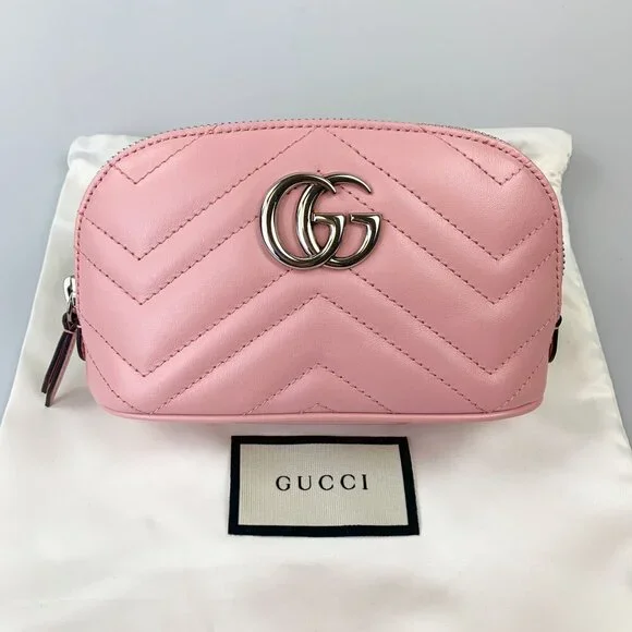 NWT Gucci GG Marmont Cosmetic Pouch in Pink Quilted Chevron Leather - Picture 10 of 11